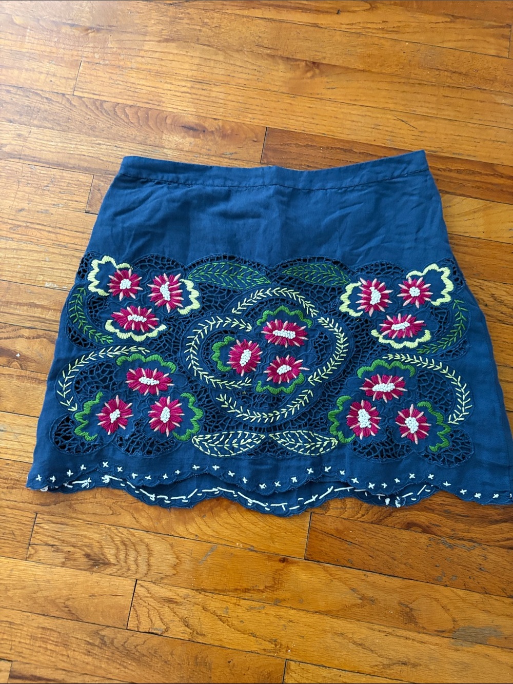 Anthropologie Navy Mini Skirt with Pink & Green Floral Embroidery